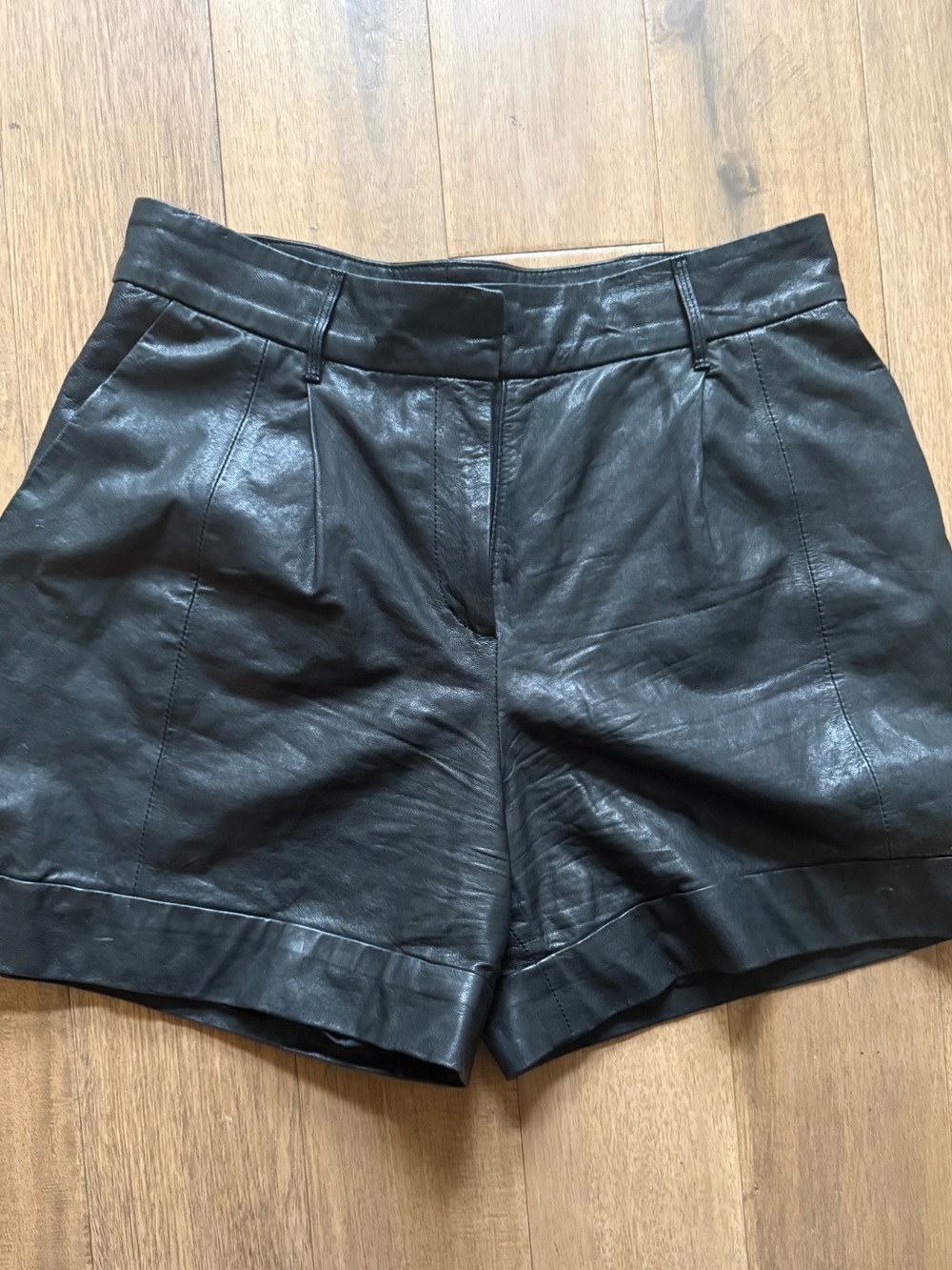 Club Monaco Black High-Rise Genuine Leather Shorts